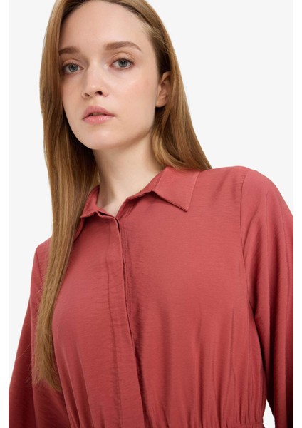 Gömlek Yaka Beli Büzgilü Uzun Kollu Maxi Elbise D5851AX25SP