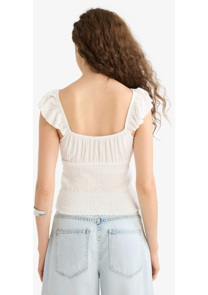 Fitted V Yaka Crop Dokulu Beyaz Askılı Bluz F6392AX25HS