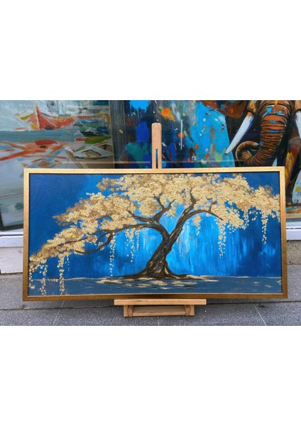 Yağlı Boya Dokulu Tablo Mavi Fonda Tek Sarı Ağaç U01008