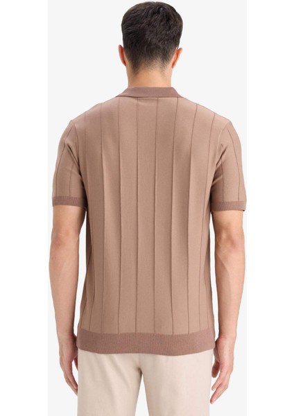 Standart Fit Polo Yaka Yarım Fermuarlı Triko Kısa Kollu Tişört F1945AX25SM