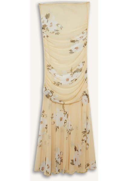 Coool Bodycon Vücudu Saran Straplez Çiçek Desenli Tül Maxi Elbise F5577AX25SM