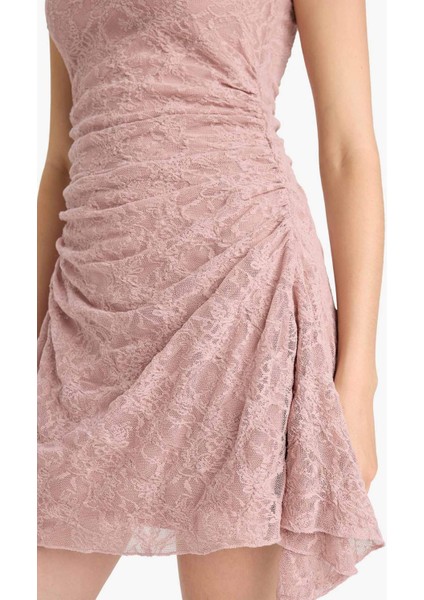 Yuvarlak Yaka Dantel Askılı Mini Elbise F6763AX25HS