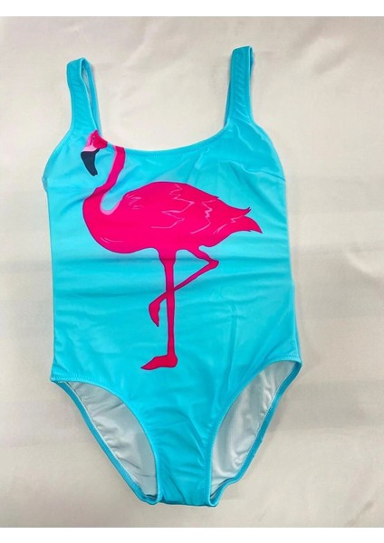 Kız Çocuk Mayo Mavi Renkli Pembe Flamingo Desen