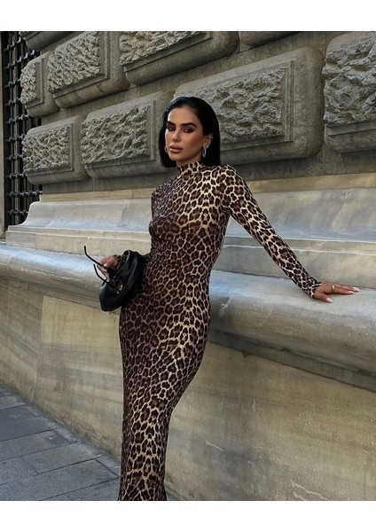 Kadın Uzun Kollu Balıkçı Yaka Gull Likralı Leopar Desen Maxi Boy Elbise