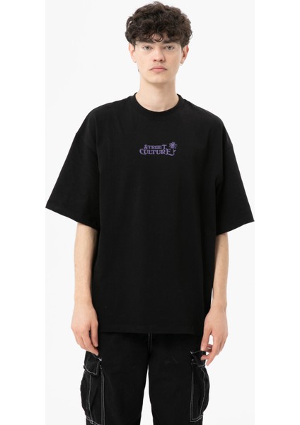 Baskılı Siyah Oversize T-Shirt