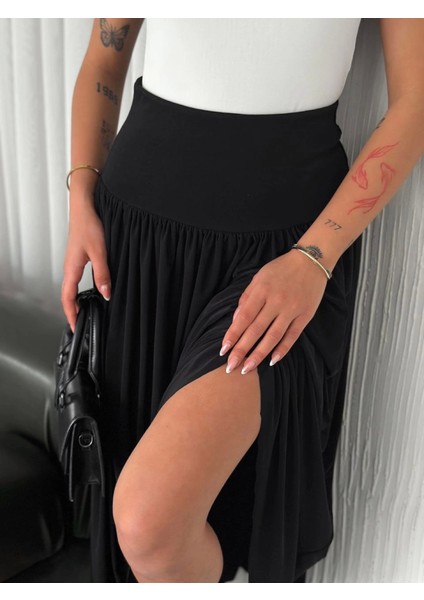 Yüksek Bel Yumuşak Dokulu Beli Lastikli Maxi Boy Uzun Çan Modeli Sandy Etek Siyah Kloş Etek Tesettür