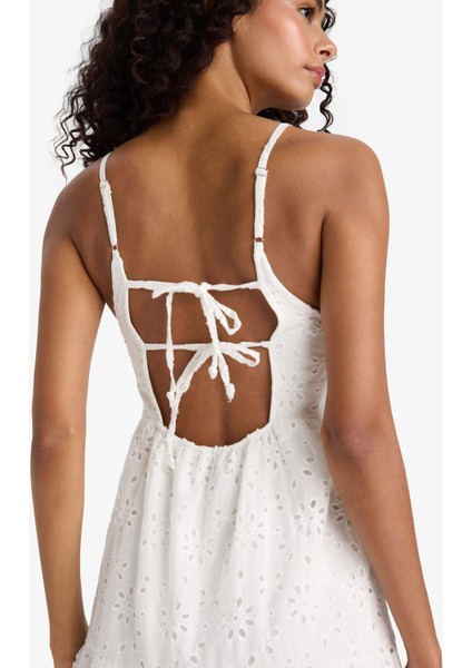 Kare Yaka Terry Cotton Beyaz Askılı Midi Elbise F9270AX25SM