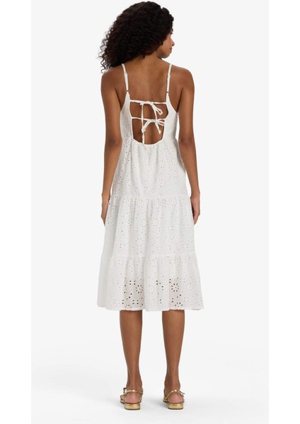 Kare Yaka Terry Cotton Beyaz Askılı Midi Elbise F9270AX25SM