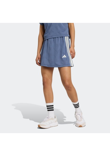Stadyum 3-Çizgili Tenis Esintili Jakarlı Kısa Mavi Kadın Etek