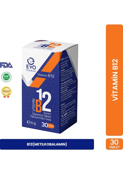 B12 Metilkobalamin (1000 mcg) 30 Çiğneme Tableti Takviye Edici Gıda