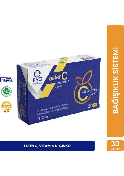 Evopharma Ester C Vitamin D Vitamin C ve Çinko Içeren Takviye Edici Gıda 30 Tablet