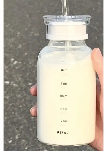 Temiz Cam Saman Saman Kupası Çift Kapaklı Sızdırmaz Kapak Yeniden Kullanılabilir Cam Içecek Şişe Süt Şişesi Zaman Işaretleyici Renk: 350ML Şeffaf (Yurt Dışından)
