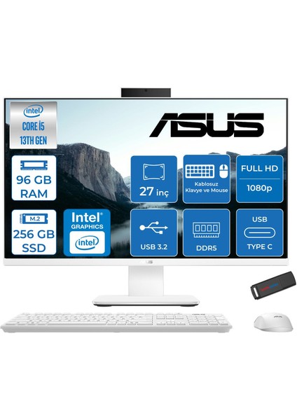 V470VAK Intel Core İ5-13420H 96GB Ddr5 256GB SSD 27'' Fhd 100Hz 300NITS Freedos Beyaz Allınone Bilgisayar ABI58512W0DF36+ZETTAUSBBELLEK