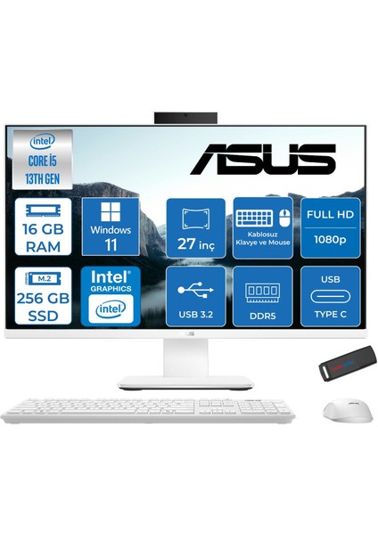V470VAK Intel Core İ5-13420H 16GB Ddr5 256GB SSD 27'' Fhd 100Hz 300NITS Windows 11 Home Beyaz Allınone Bilgisayar ABI58512W0DH01+ZETTAUSBBELLEK