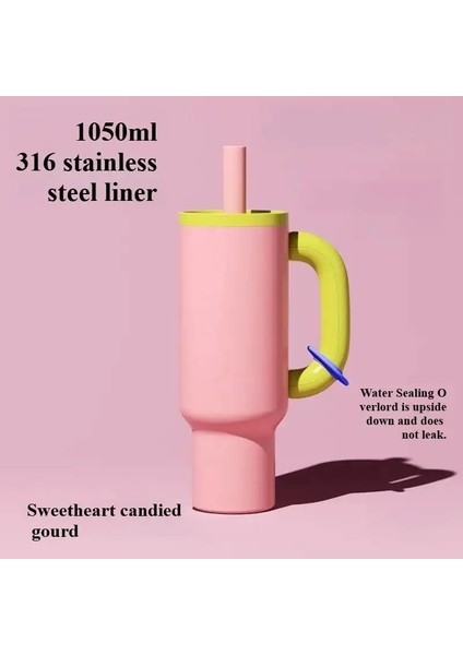 1050ML Araba Termos Kupası Saman Saplı Paslanmaz Çelik Şişe Içecek Yazılar Açık Su Şişesi Buzlu Kahve Tumbler Büyük Kapasite: 1050ML/RENK: Pembe (Yurt Dışından)