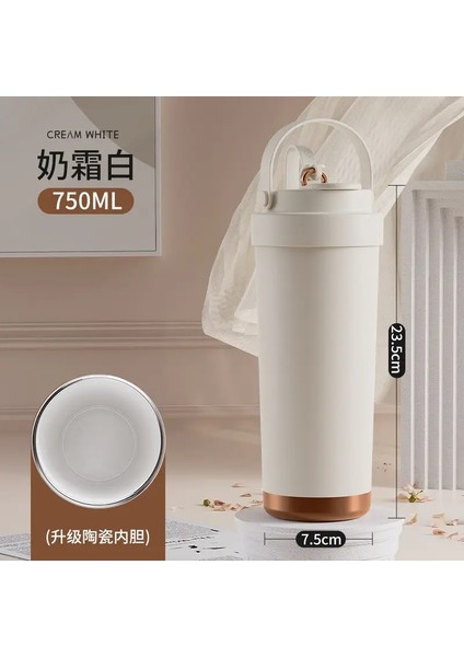 Saman ve Kadınlar Için Yüksek Değerli Büyük Kapasiteli Seramik Astar Termos Kupası, Pipetle Taşınabilir, Çift Içme Kahve Fincanı Kapasite: 750ML/RENK: Beyaz (Yurt Dışından)