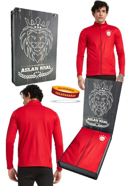 Orijinal Lisanslı 5 Yıldızlı Fermuarlı Kırmızı Sweat + Silikon Bileklik Set Hediyelik Ahşap Kutulu