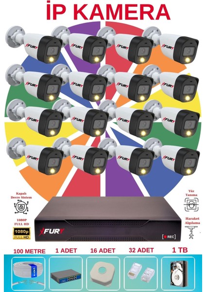 16 Lı Ip Güvenlik Kamera Seti Sesli 4mp Gece Renkli Su Geçirmez 5515S 1tb