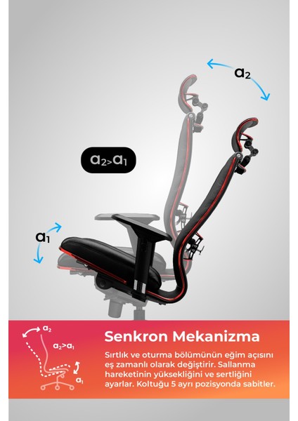 Samurai Red Ergonomik Fileli ve Deri Oyuncu / Ofis Koltuğu - 2e2.3.7.b7 Kırmızı-Siyah