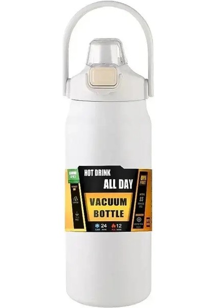 304 Paslanmaz Çelik 1500ML Termal Taşınabilir Dış Mekan Termos Kupa Tumbler Vakum Şenlikleri Soğuk ve Sıcak Spor Su Şişesi Samanlı/renk: Renk: Beyaz (Yurt Dışından)