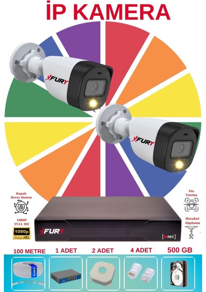 2 Li Ip Güvenlik Kamera Seti Sesli 4mp Gece Renkli Su Geçirmez 5515S 500GB