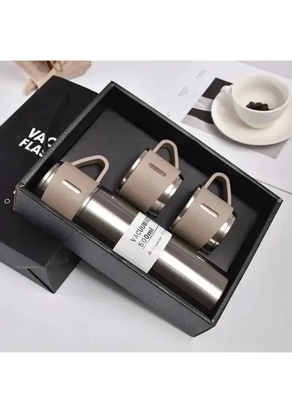 Bir Fincan Üç Kapak Termos Fincan Seti 304 Paslanmaz Çelik Saplı Kapak Hediye Kupası Erkek ve Kadın Taşınabilir Hediye Kutusu Set Kapasitesi: 500ML/RENK: Altın Seti (Yurt Dışından)