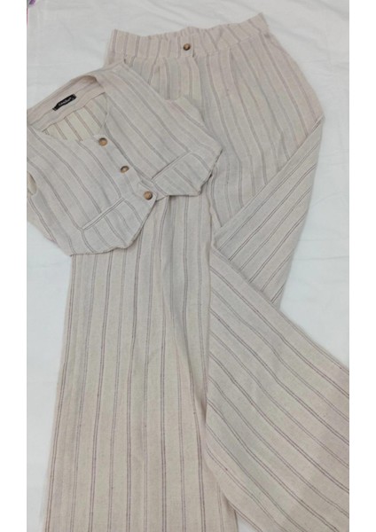 Is Berceste Çizgili Keten Görünümlü Halter Yaka Yelek ve Pantolon Dokuma Ikili Alt-Üst Takım modelleri