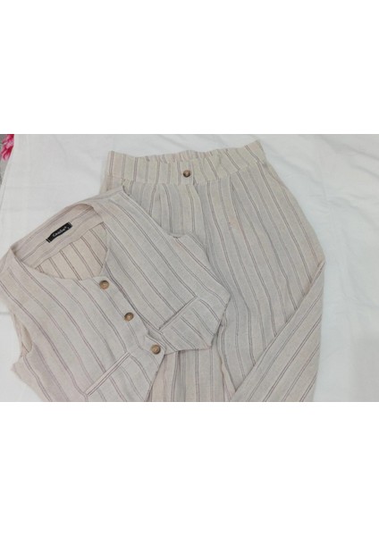 Is Berceste Çizgili Keten Görünümlü Halter Yaka Yelek ve Pantolon Dokuma Ikili Alt-Üst Takım indirimleri