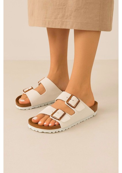 Kadın Beyaz Çift Tokalı Anatomik Yazlık Terlik