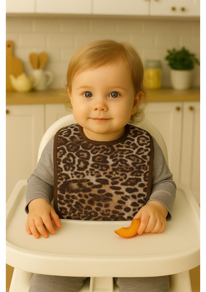 Leopar Desen Baskılı 2'li Havlu Bebek Mama Önlüğü 25x30Cm