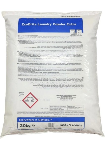 Ecobrite Ecolab Laundry Power Extra Enzim Bazlı, Ağartıcılı, Optik Parlatıcı Içeren Komple Yıkama Toz Deterjanı 20KG