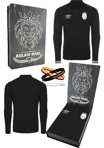 Orijinal Lisanslı Yarım Fermuar 5 Yıldızlı Siyah Sweat + Silikon Bileklik Set Hediyelik Ahşap Kutulu