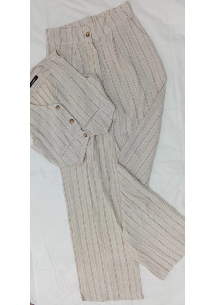 Is Berceste Çizgili Keten Görünümlü Halter Yaka Yelek ve Pantolon Dokuma Ikili Alt-Üst Takım