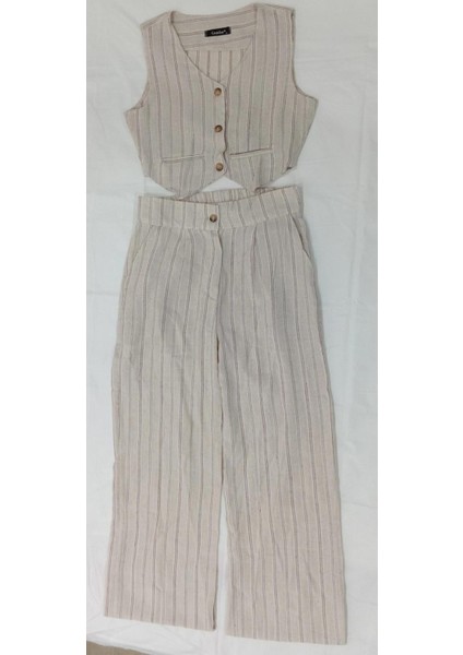 Is Berceste Çizgili Keten Görünümlü Halter Yaka Yelek ve Pantolon Dokuma Ikili Alt-Üst Takım fırsatları