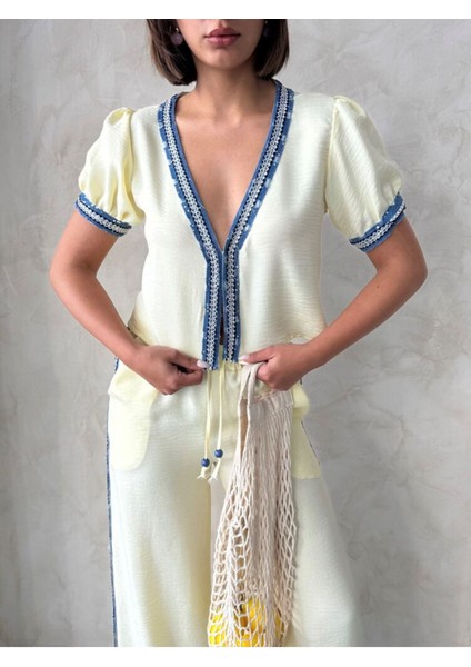 Kadın Yazlık Sarı Kot Detay Işlemeli Ceket Gömlek 11D-2337