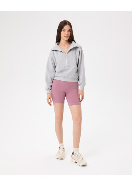 Kadın Gri Dik Yaka Sweatshirt - Yarı Fermuarlı Sweat, Uzun Kollu, Sertifikalı Organik Pamuk, Nefes Alan Kumaş, Günlük ve Spor Eşofman Üstü