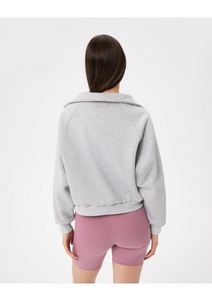 Kadın Gri Dik Yaka Sweatshirt - Yarı Fermuarlı Sweat, Uzun Kollu, Sertifikalı Organik Pamuk, Nefes Alan Kumaş, Günlük ve Spor Eşofman Üstü fiyatları