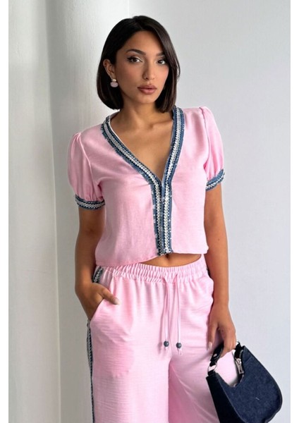 Kadın Yazlık Pembe Kot Detay Işlemeli Ceket Gömlek 11D-2338 fiyatları