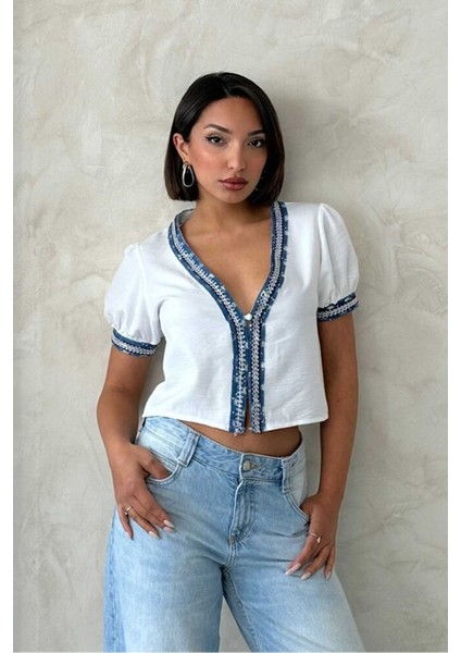 Kadın Yazlık Beyaz Kot Detay Işlemeli Ceket Gömlek 11D-2336