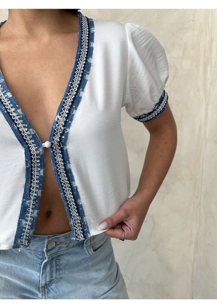 Kadın Yazlık Beyaz Kot Detay Işlemeli Ceket Gömlek 11D-2336 fiyatları