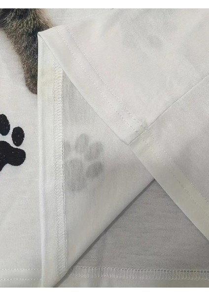 Kadın Kısa Kollu Kedi ve Pati Baskılı Süprem T-Shirt