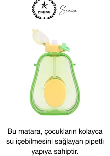Pipetli Sızdırmaz Kapak Taşıma Askılı Sevimli Avokado Su Şişesi Çocuk Okul Suluk Matarası Tritan