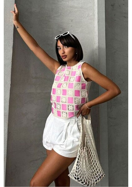 Kadın Yazlık Bisiklet Yaka Kroşata Motifli Güpür Bluz 3D-2340 fiyatları