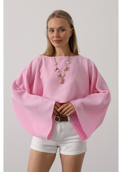 Yarasa Kollu Crop Bluz - Pembe
