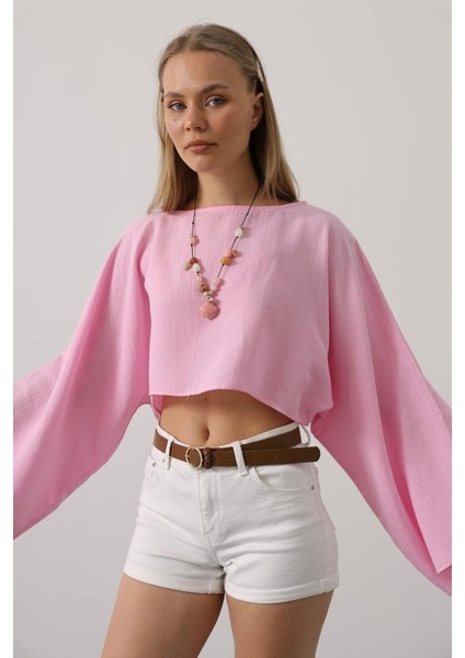 Yarasa Kollu Crop Bluz - Pembe