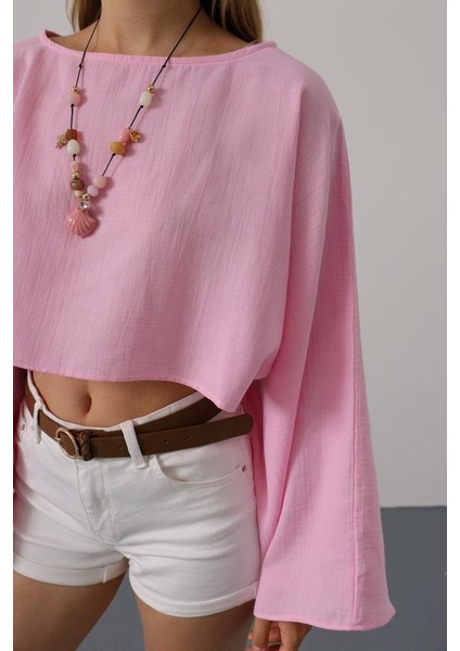 Yarasa Kollu Crop Bluz - Pembe