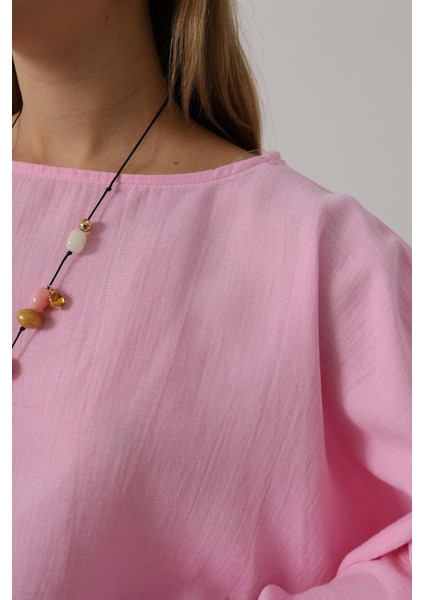 Yarasa Kollu Crop Bluz - Pembe