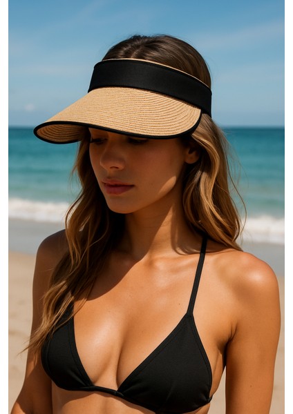 Bej Güneş Koruyucu Ithal Katlanabilir Ipli Hasır Vizör - Tenisçi - Golf Şapka