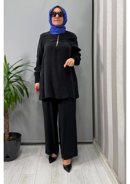 Dik Yaka Fermuarlı Uzun Kollu Tunik Siyah T25Y-6068