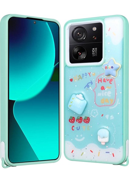 Xiaomi Mi 13T Kılıf Parlayan Sıvılı Simli Kabartma Figürlü Znth Cevze Kapak-Yeşil